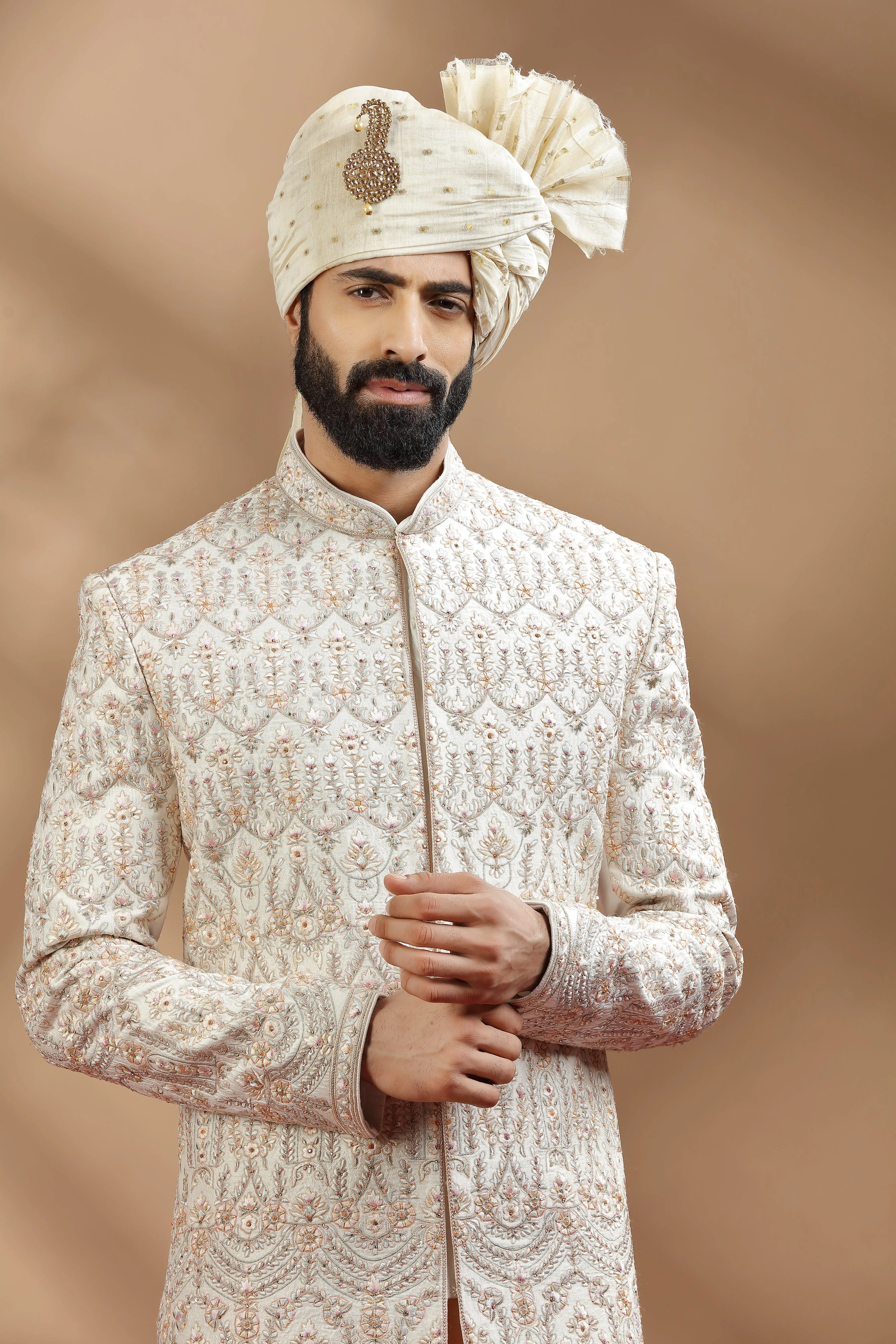 Ivory Jacket With Handwork Embroidery In Threads And Sequins. Layerd On Anarkali Kurta