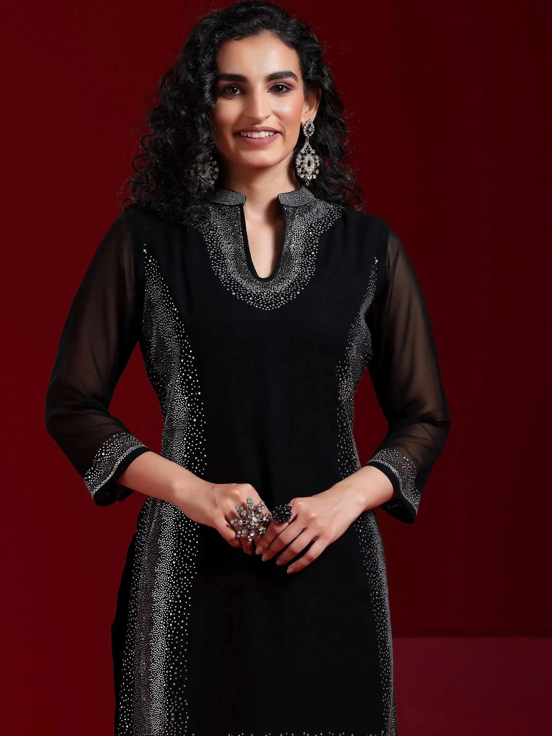 Jashvi Art Black Yoke Design Georgette Straight Suit With Dupatta