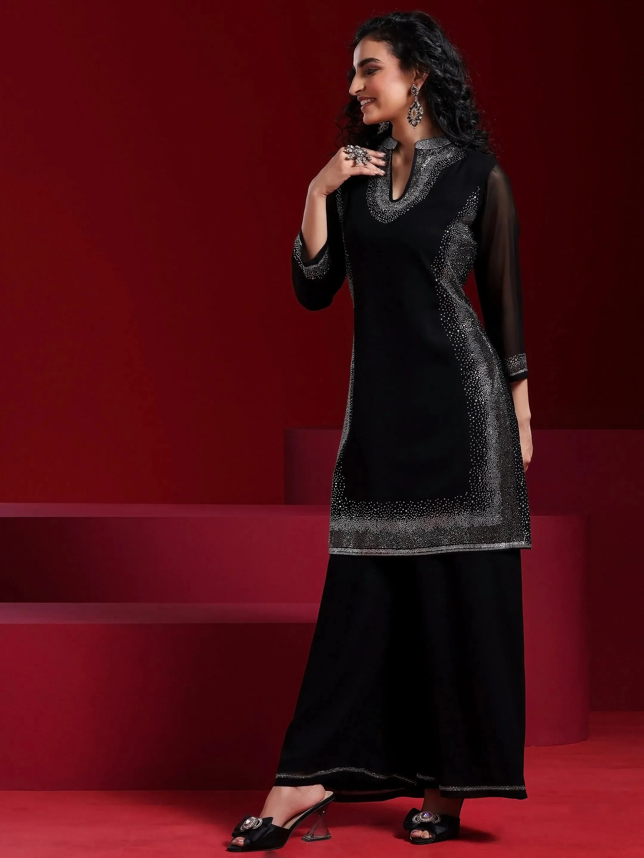 Jashvi Art Black Yoke Design Georgette Straight Suit With Dupatta