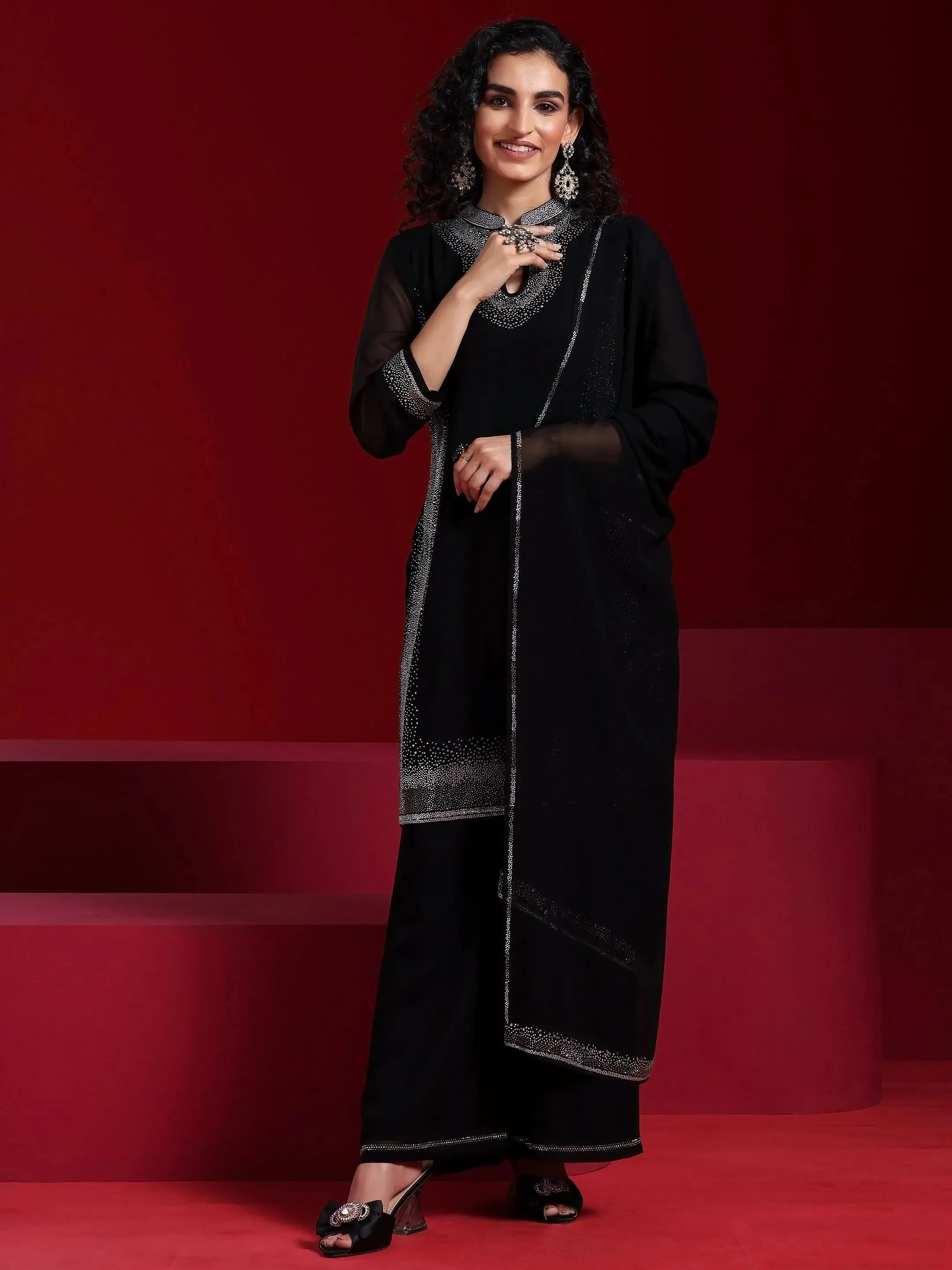 Jashvi Art Black Yoke Design Georgette Straight Suit With Dupatta