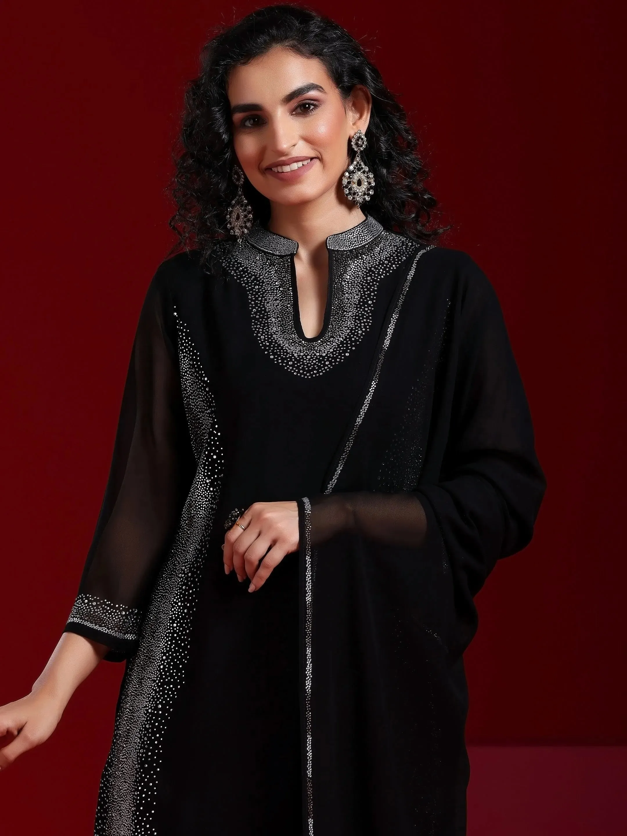 Jashvi Art Black Yoke Design Georgette Straight Suit With Dupatta