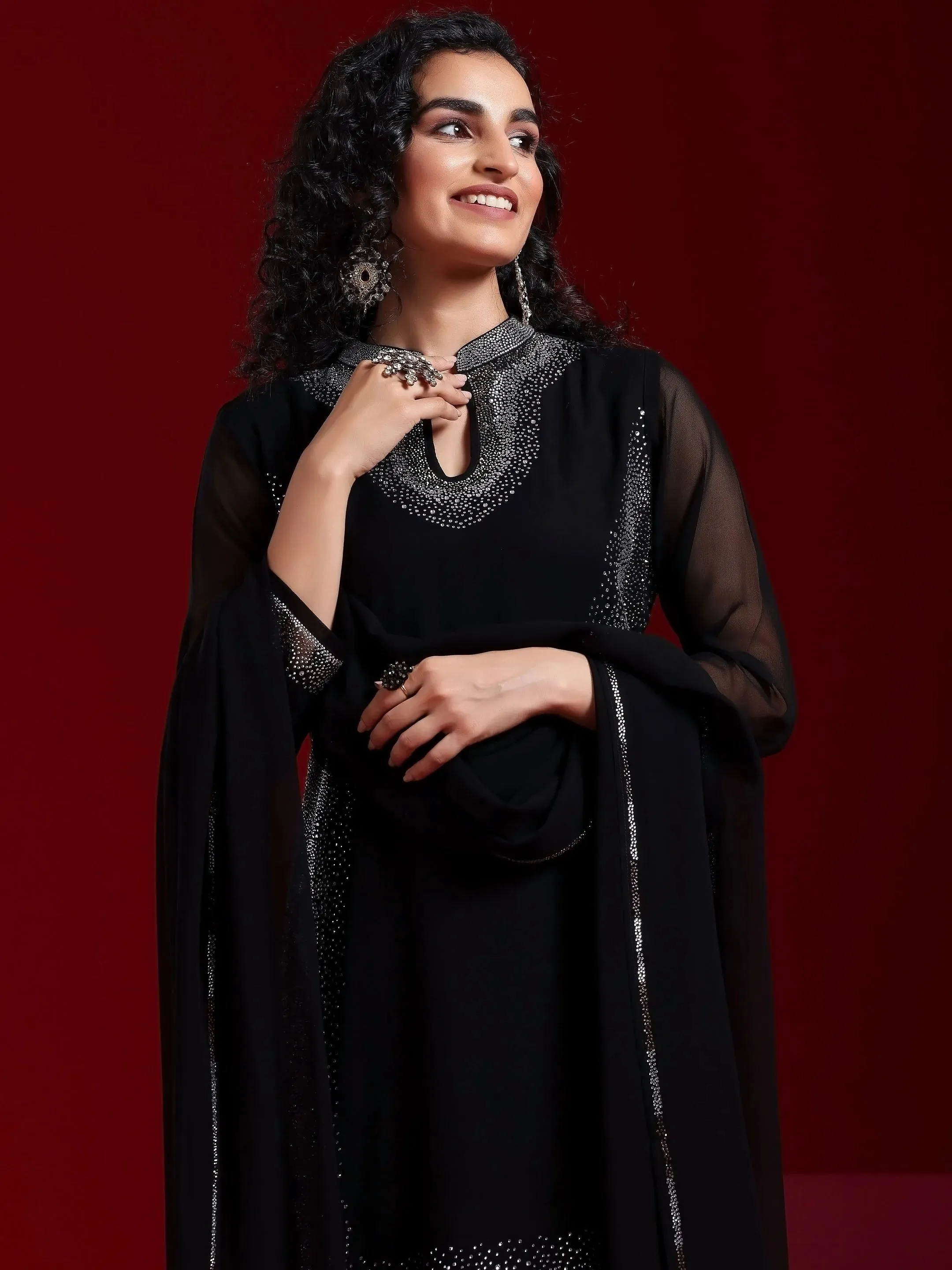 Jashvi Art Black Yoke Design Georgette Straight Suit With Dupatta
