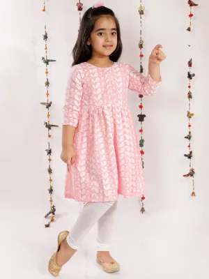 Jashvi Girls' Pink Pure Cotton Chikankari Kurta With Leggings