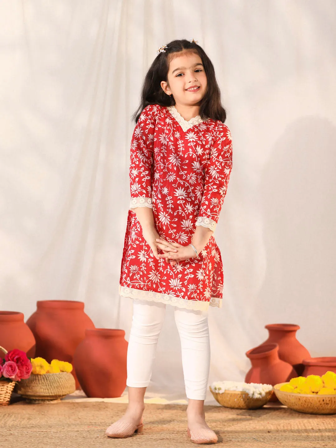 Jashvi Girls' Red Kurta Leggings Set
