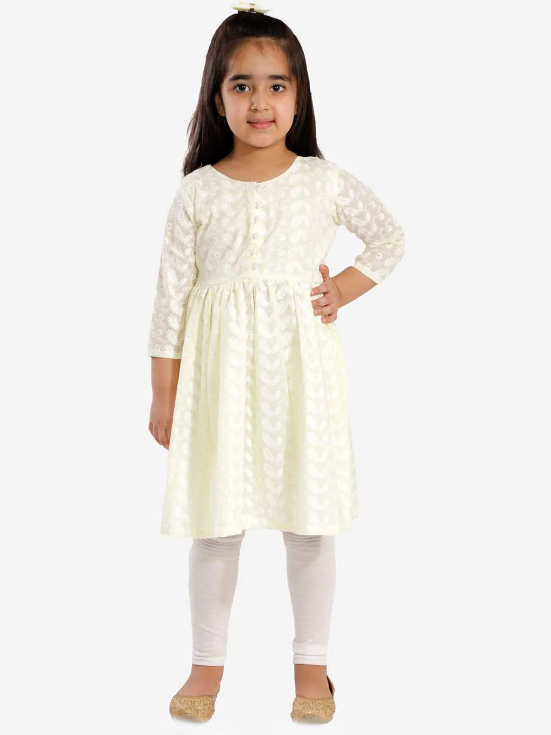 Jashvi Girls' Yellow Pure Cotton Chikankari Kurta With Leggings