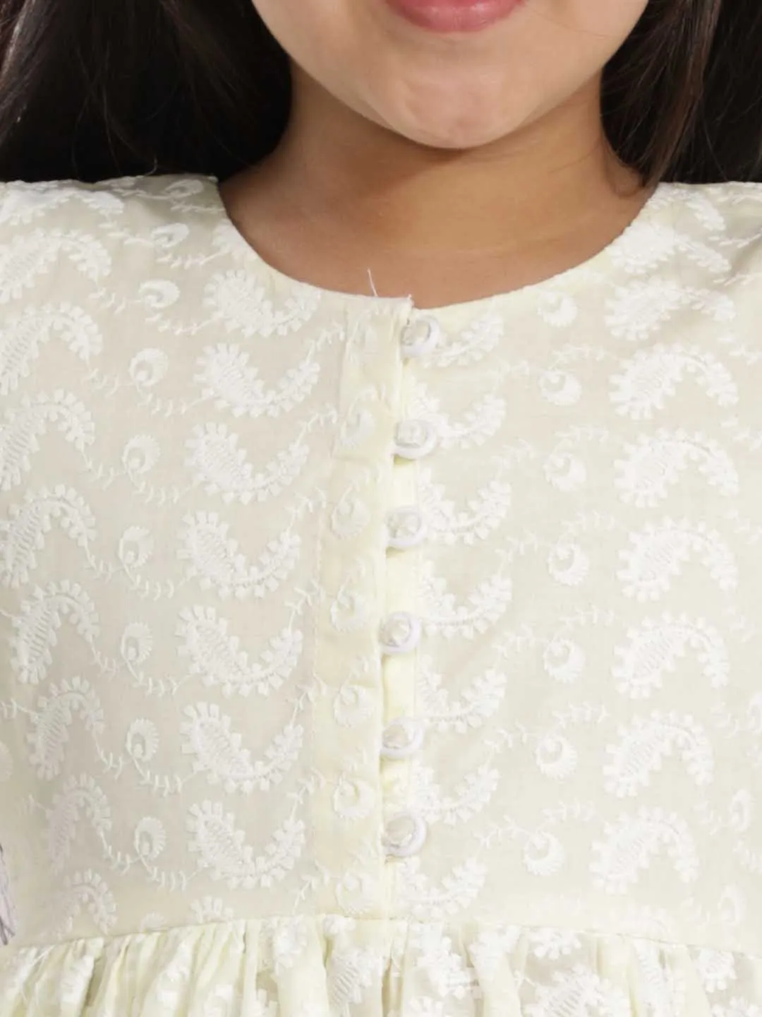 Jashvi Girls' Yellow Pure Cotton Chikankari Kurta With Leggings