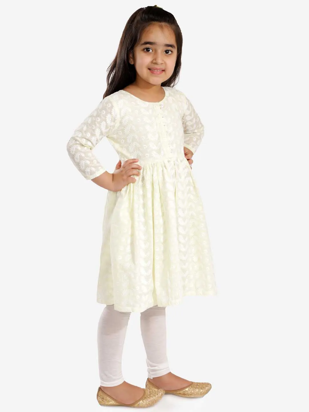 Jashvi Girls' Yellow Pure Cotton Chikankari Kurta With Leggings