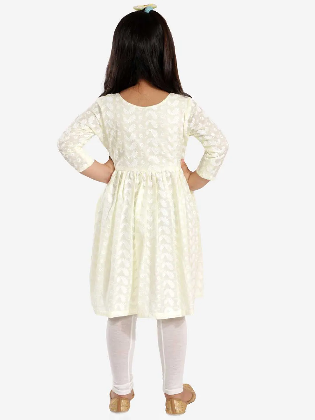 Jashvi Girls' Yellow Pure Cotton Chikankari Kurta With Leggings