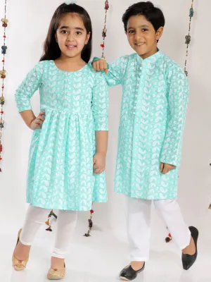 Jashvi Green Pure Cotton Chikankari Siblings Set