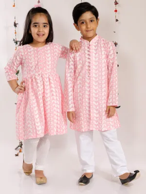 Jashvi Pink Pure Cotton Chikankari Siblings Set