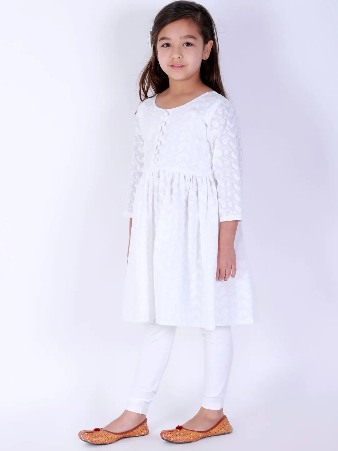 Jashvi White Pure Cotton Chikankari Siblings Set