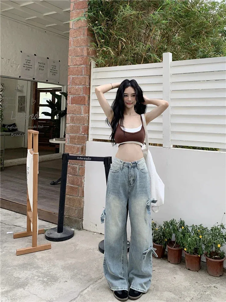 Korean Casual Wide Leg Streetwear Denim Jeans with Bowknot