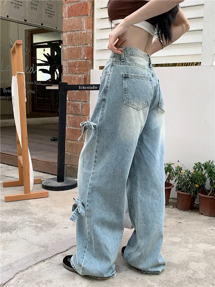 Korean Casual Wide Leg Streetwear Denim Jeans with Bowknot