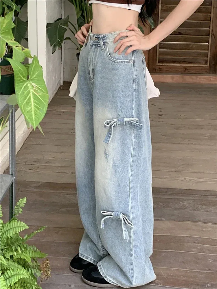 Korean Casual Wide Leg Streetwear Denim Jeans with Bowknot