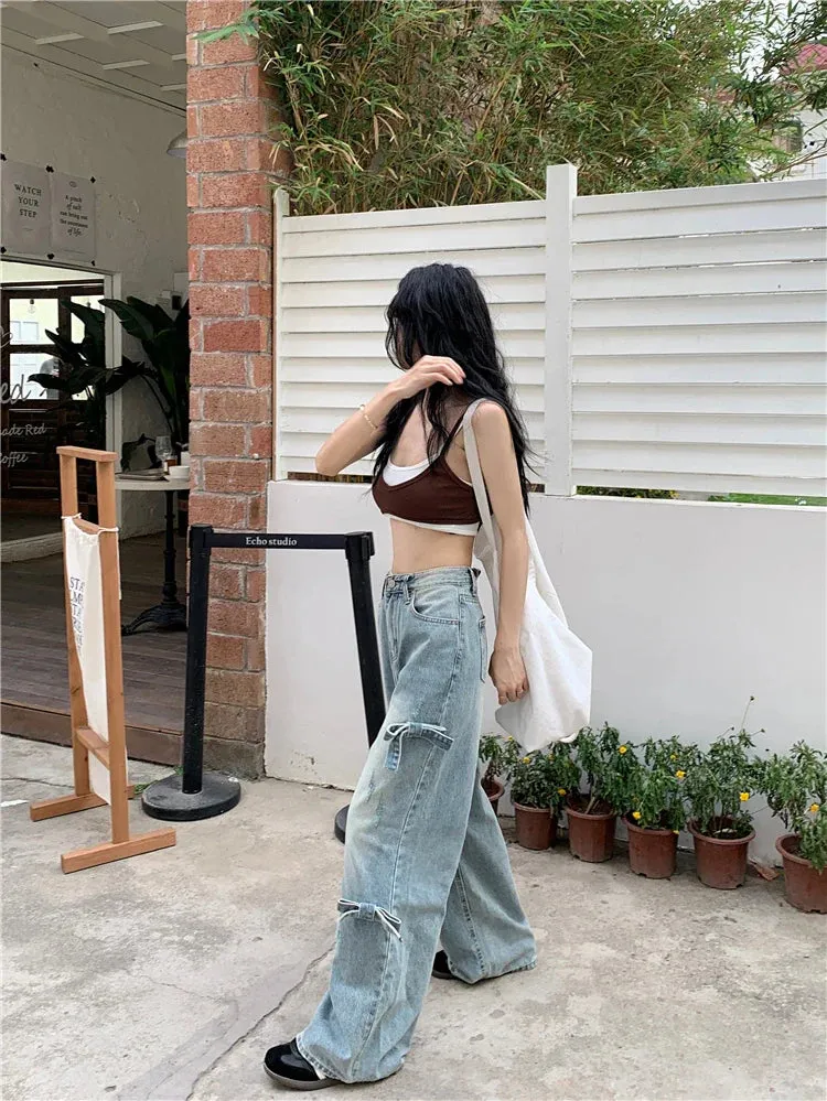 Korean Casual Wide Leg Streetwear Denim Jeans with Bowknot
