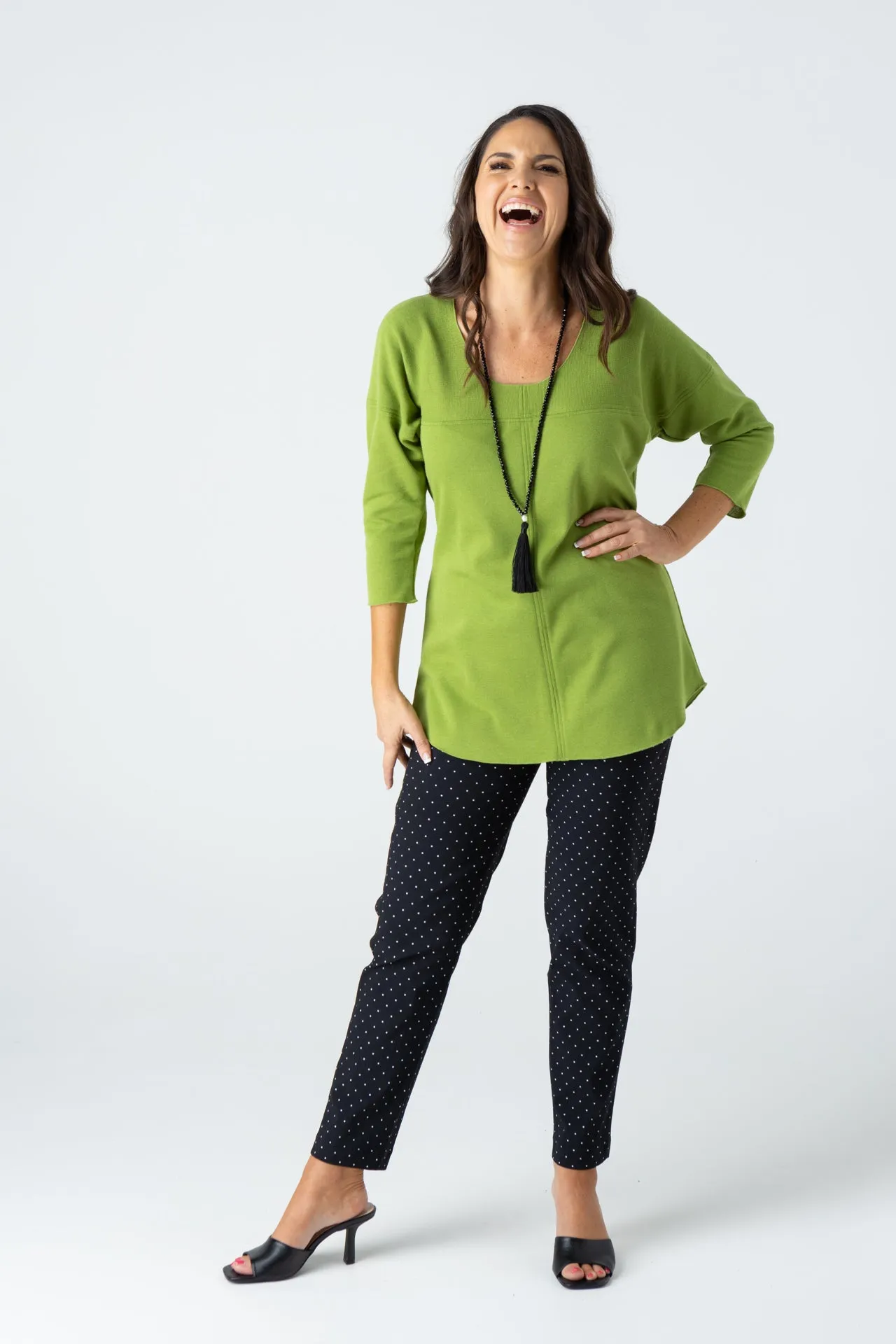 Lime Feature Stitched Poly/Cotton 3/4 Sleeve Top