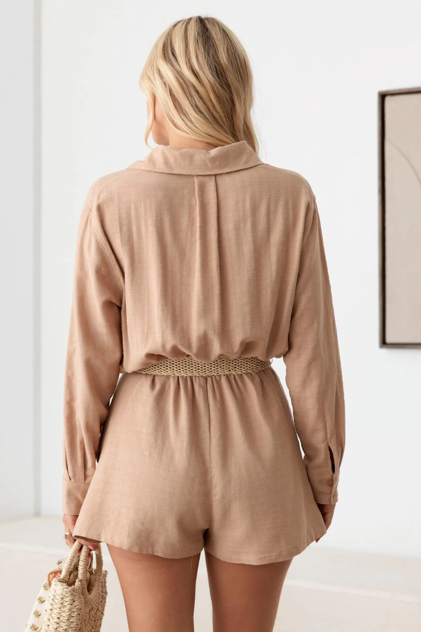 Long Sleeve Wicker Belt Collard Button-Up Romper