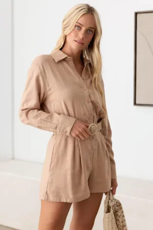 Long Sleeve Wicker Belt Collard Button-Up Romper