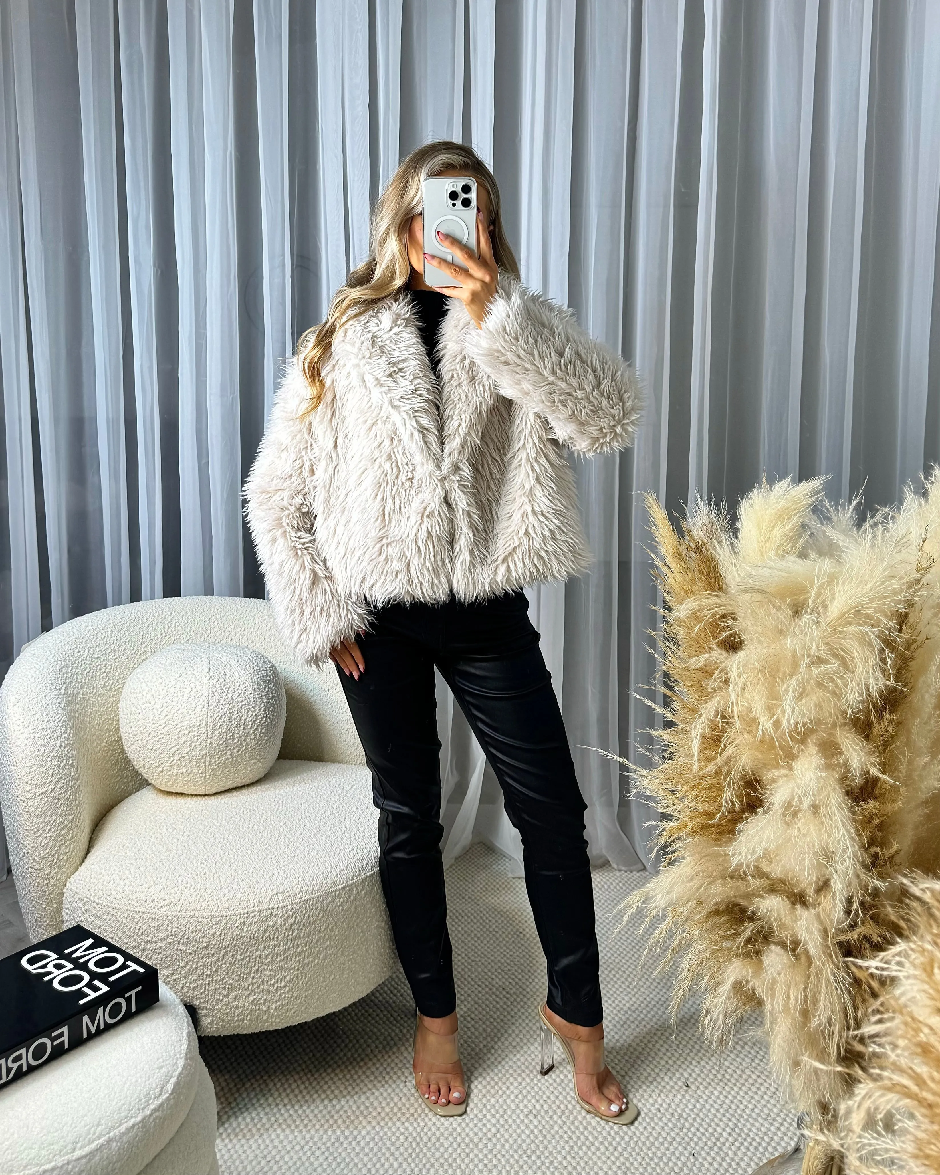 Lottie Faux Fur Short Button Coat - Beige
