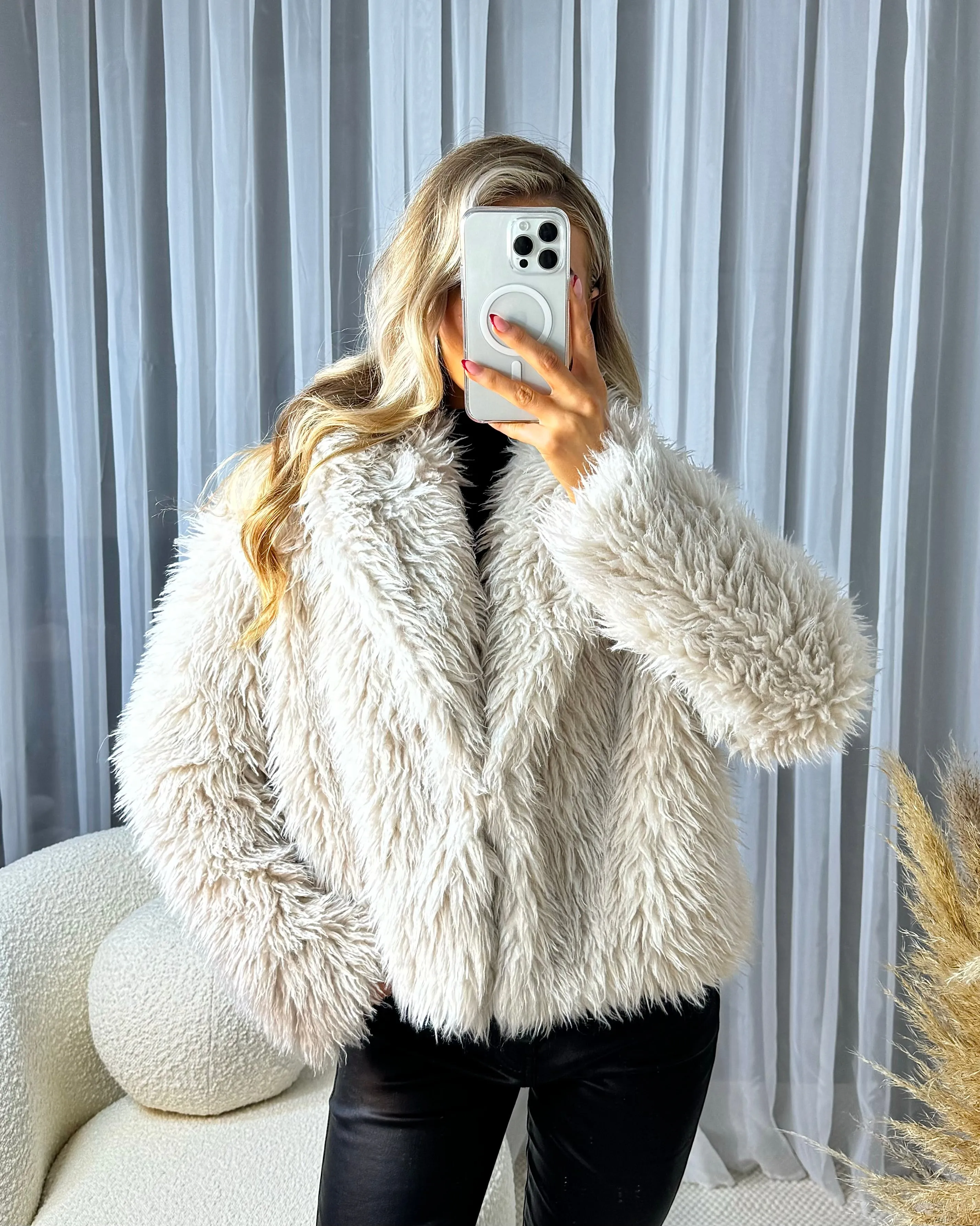 Lottie Faux Fur Short Button Coat - Beige