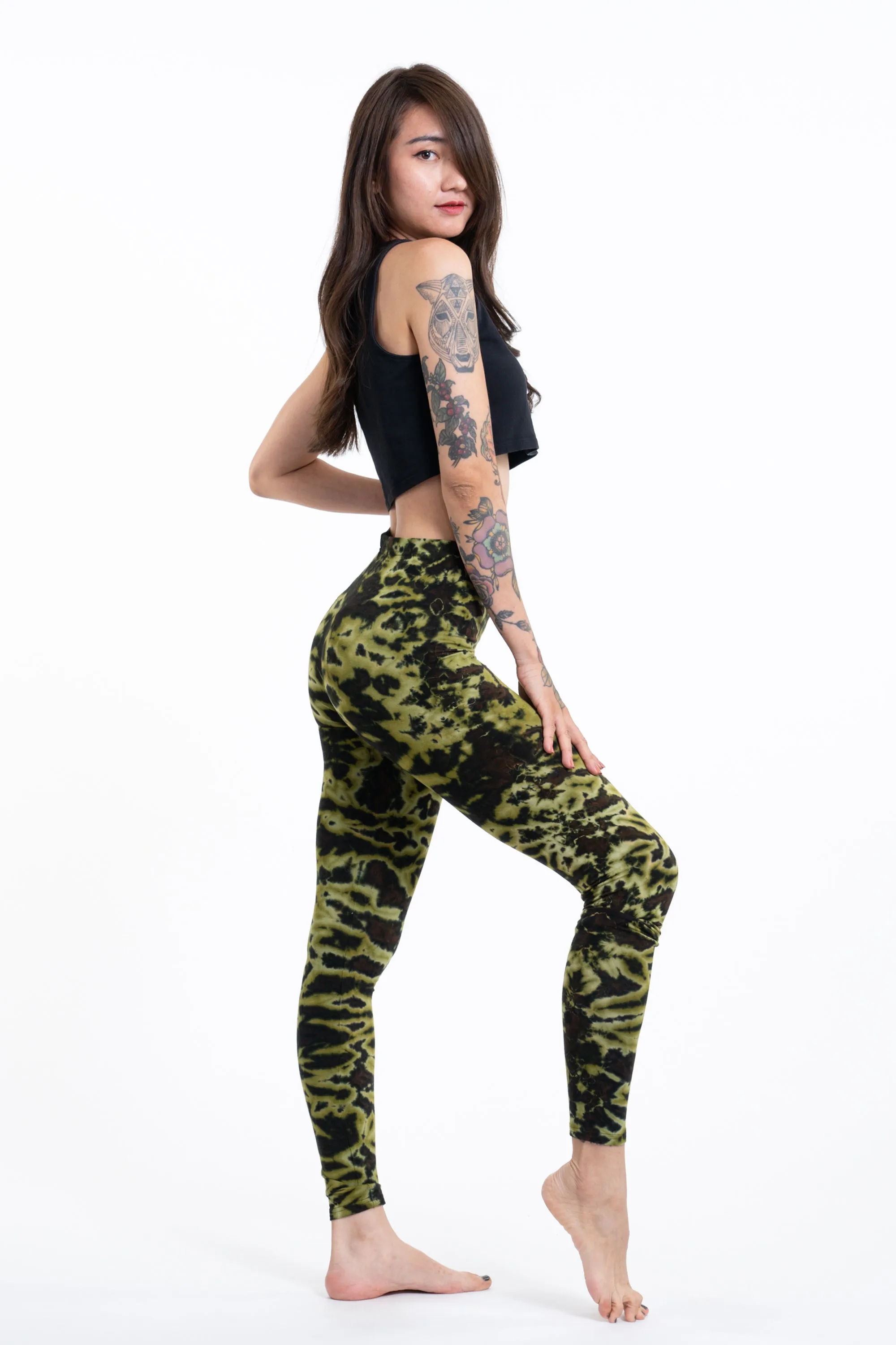 Marble Tie Dye Cotton Leggings in Olive