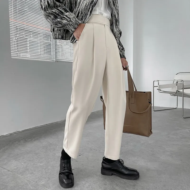 Men Pants Spring Autumn Solid High Waist Velcro Casual Pant