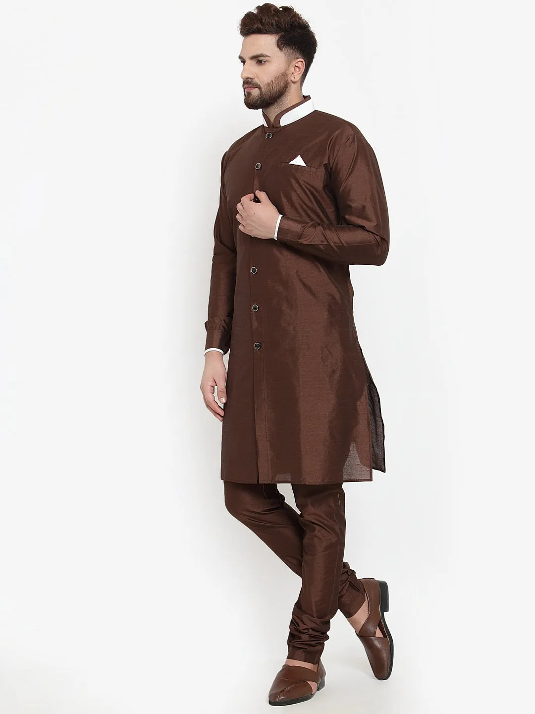 Men's Brown Solid Kurta With Churidaar Pyjama Set - Benstoke