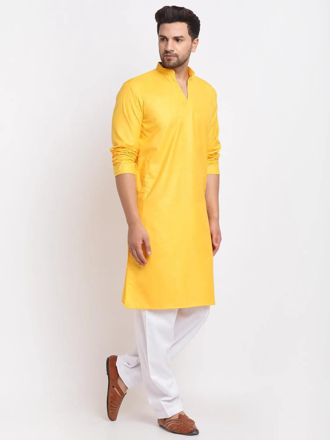 Men's Yellow Solid Pathani Kurta With White Salwar - Benstoke