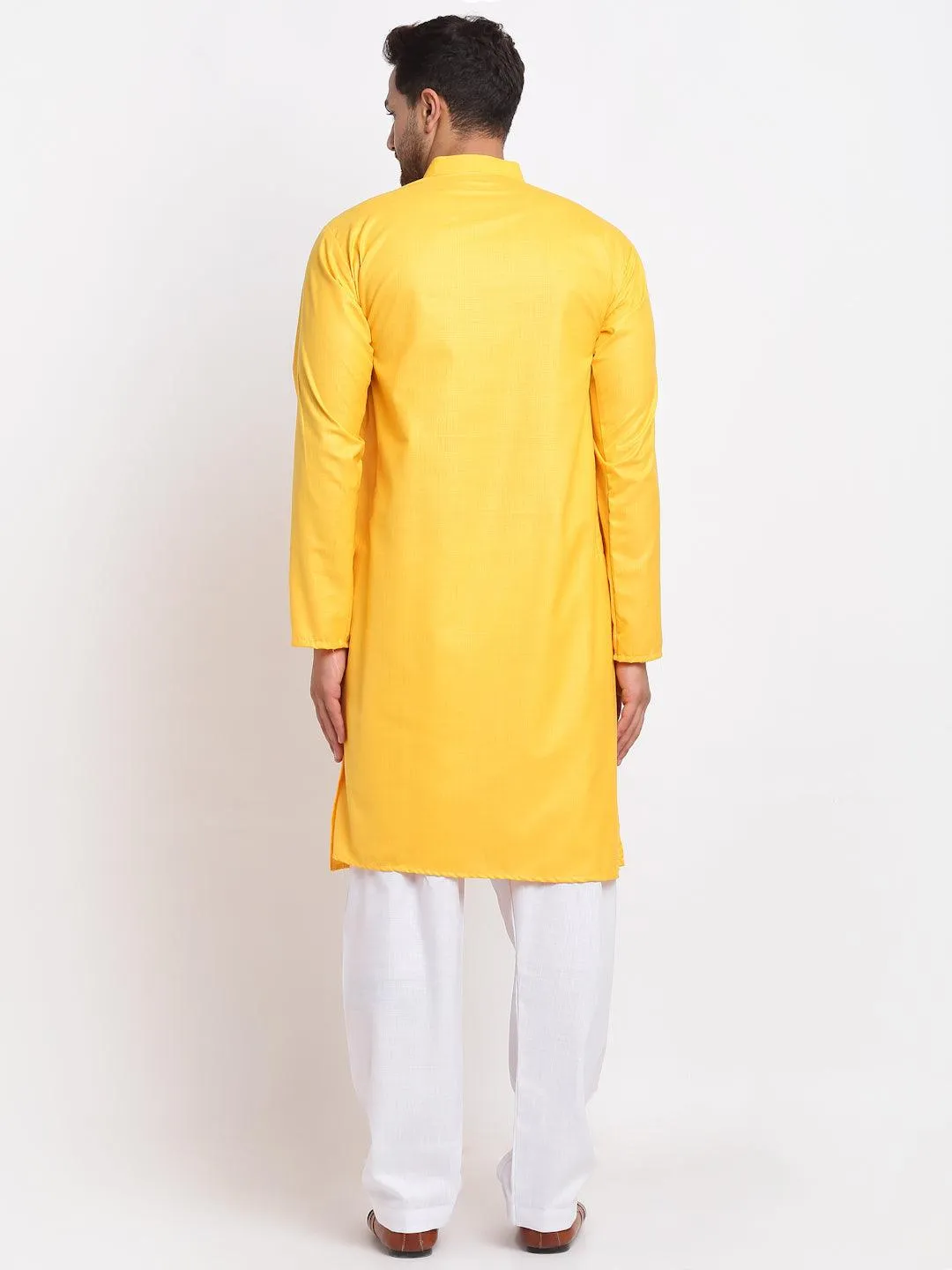 Men's Yellow Solid Pathani Kurta With White Salwar - Benstoke