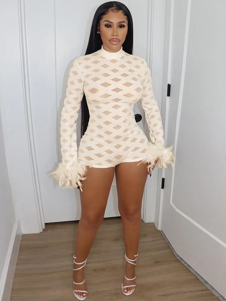 Mesh Romper With Feather Cuffs