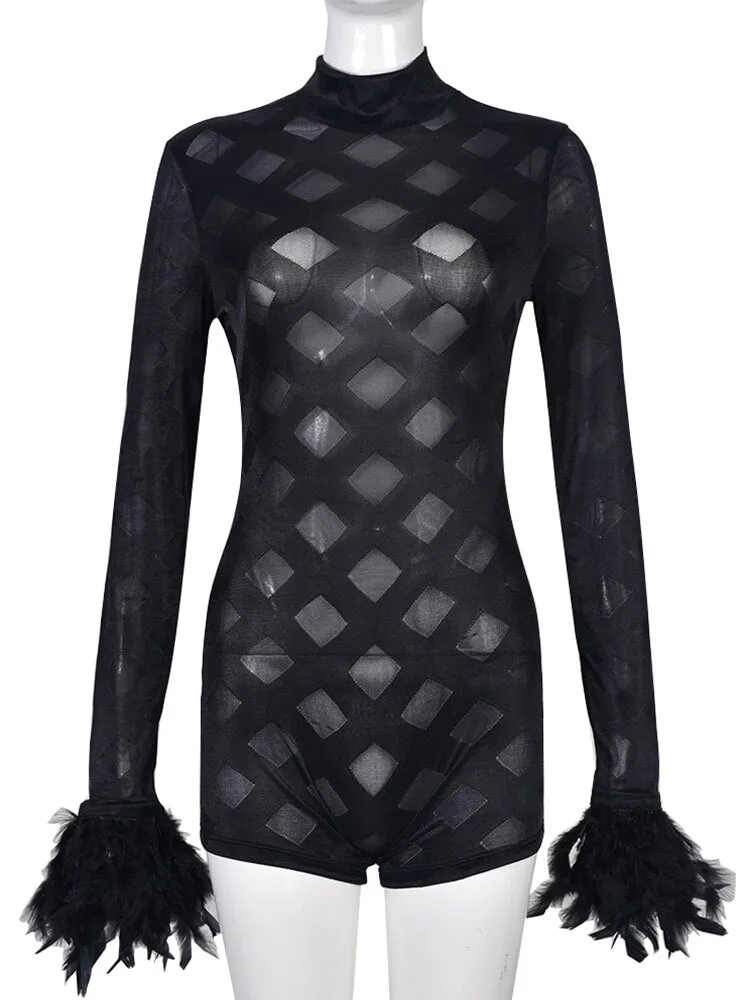 Mesh Romper With Feather Cuffs