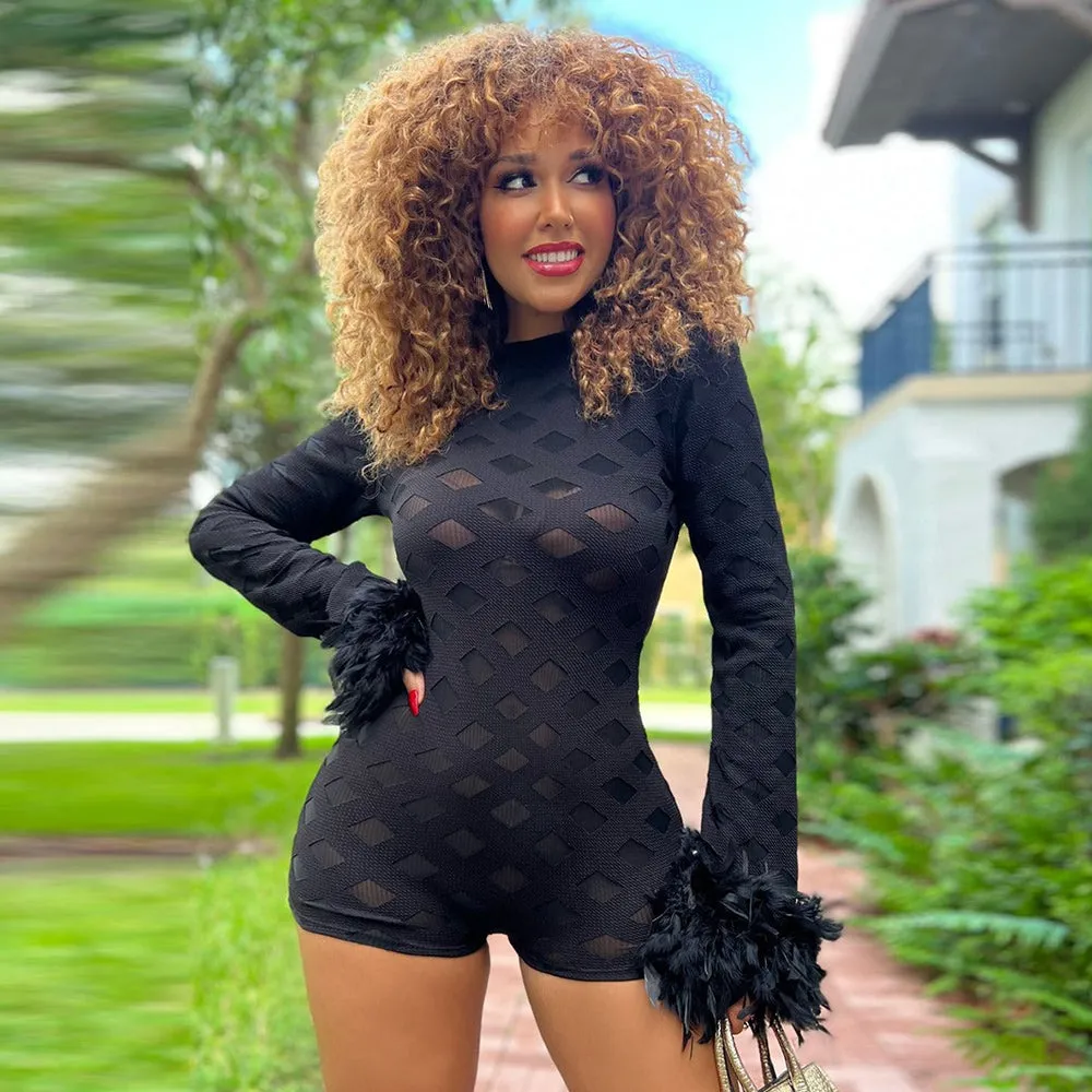 Mesh Romper With Feather Cuffs