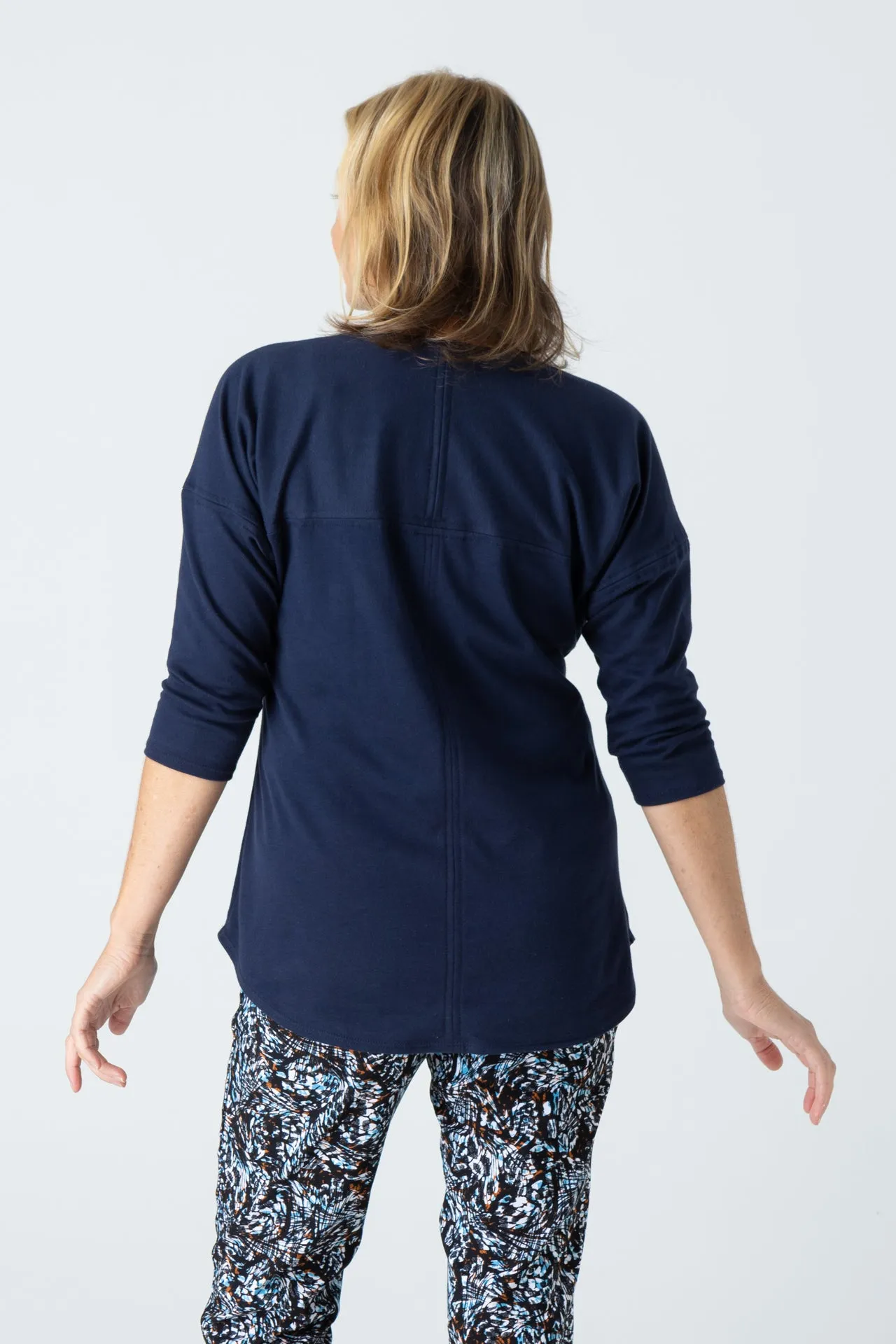Navy Feature Stitched Poly/Cotton 3/4 Sleeve Top