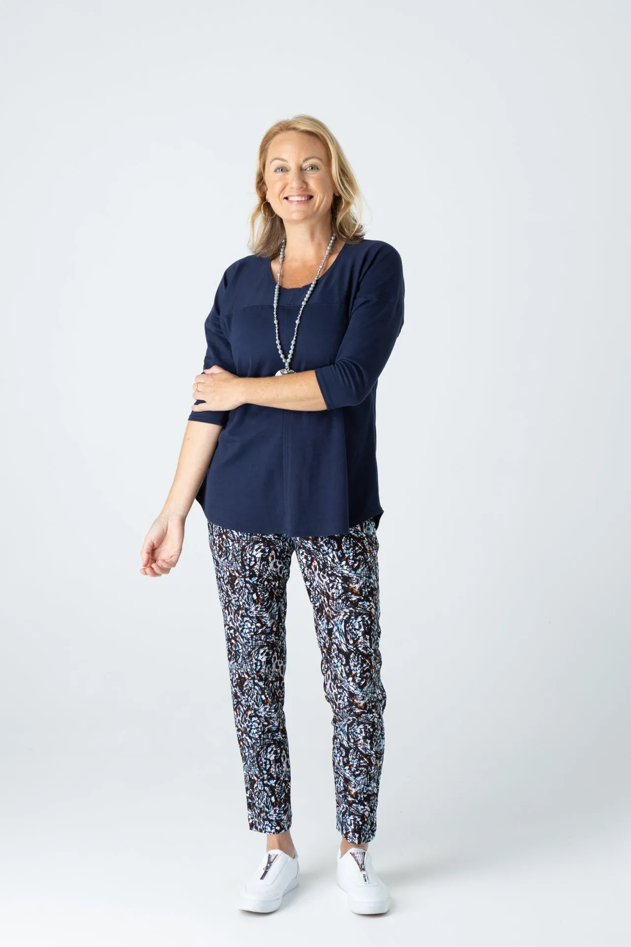Navy Feature Stitched Poly/Cotton 3/4 Sleeve Top