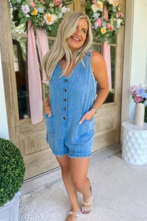 Nicole Mineral Washed Button Down Sleeveless Romper *FINAL SALE*