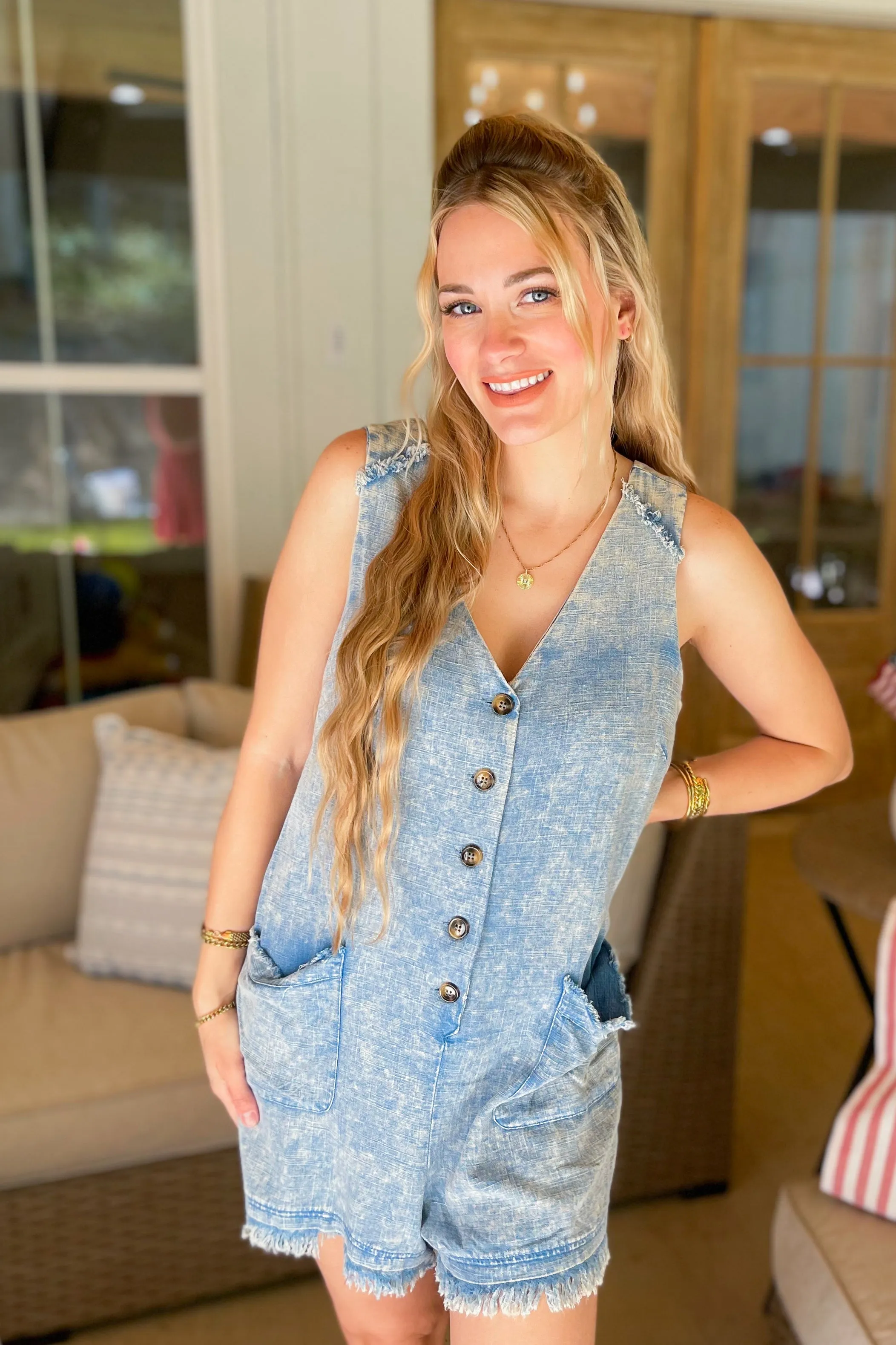 Nicole Mineral Washed Button Down Sleeveless Romper *FINAL SALE*