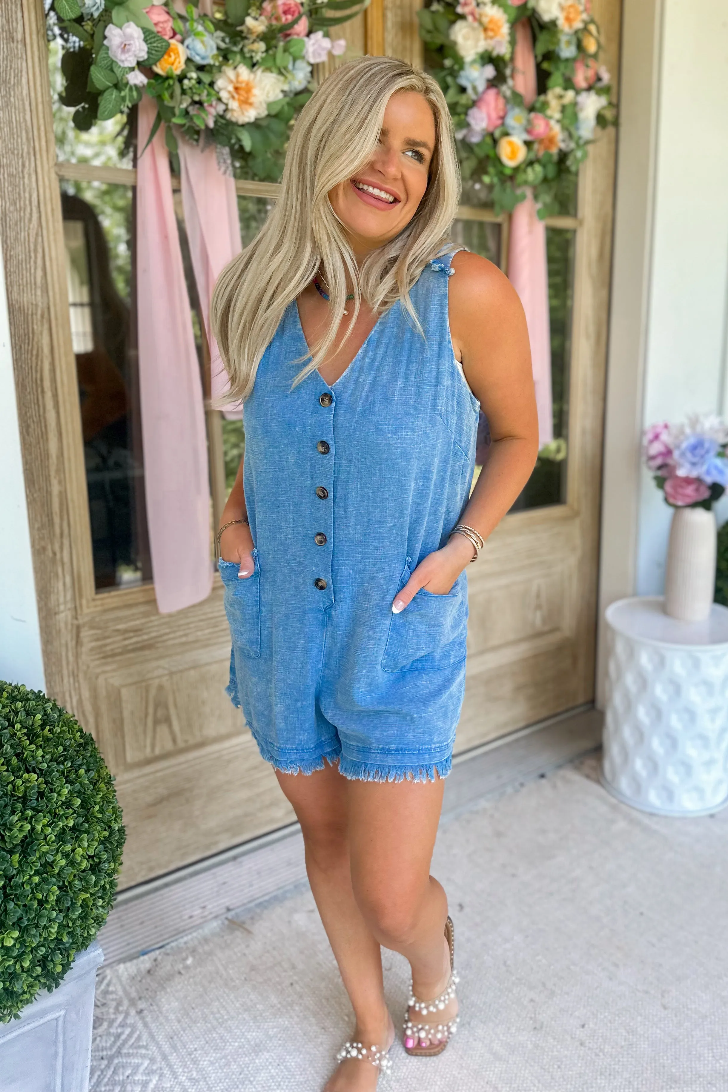 Nicole Mineral Washed Button Down Sleeveless Romper *FINAL SALE*