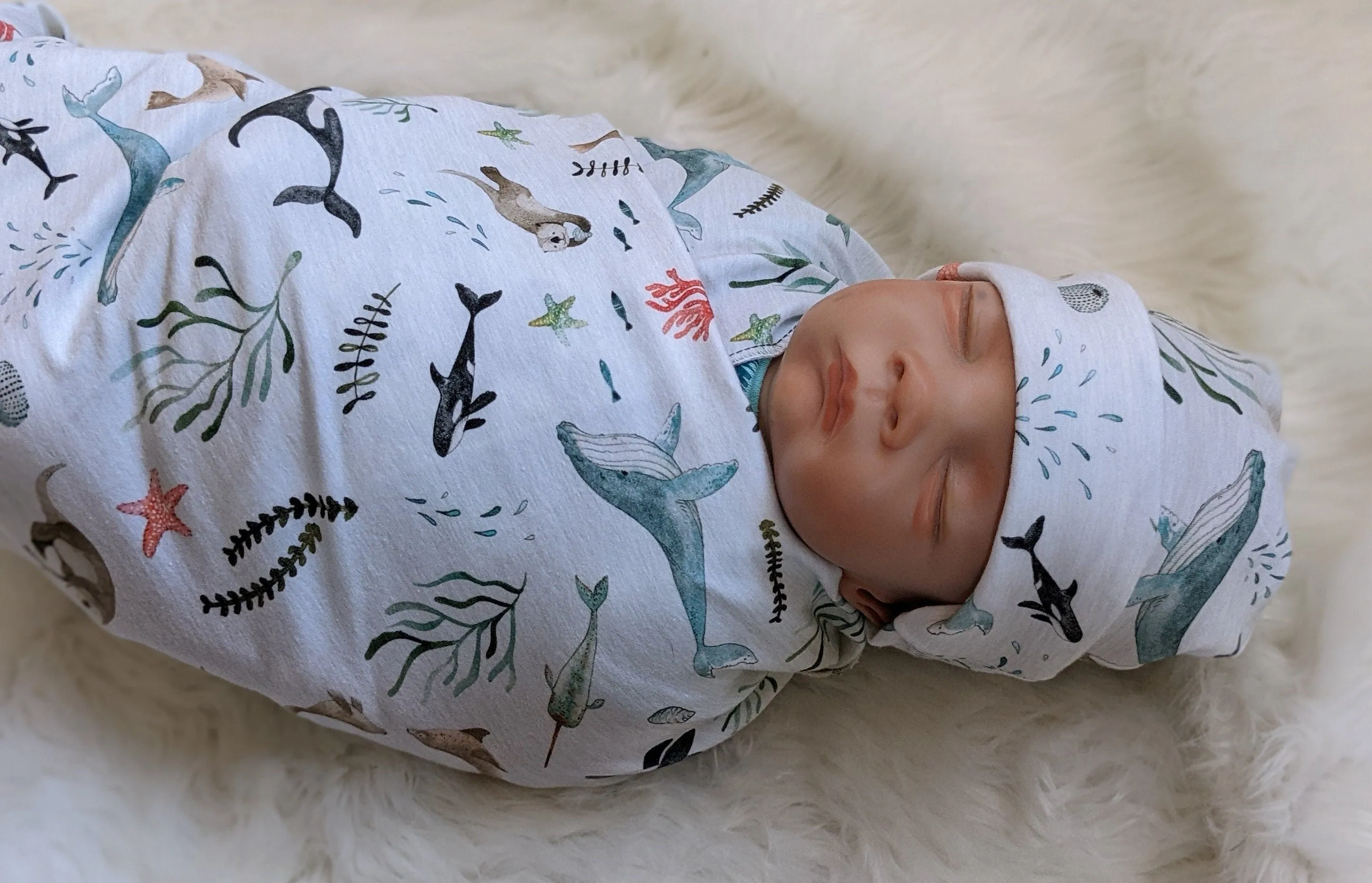 Ocean Swaddle   Band or Beanie,Watercolor Whale Shark Swaddle,Under the Sea,Nautical Newborn,Nature Inspiration,Blue Teal
