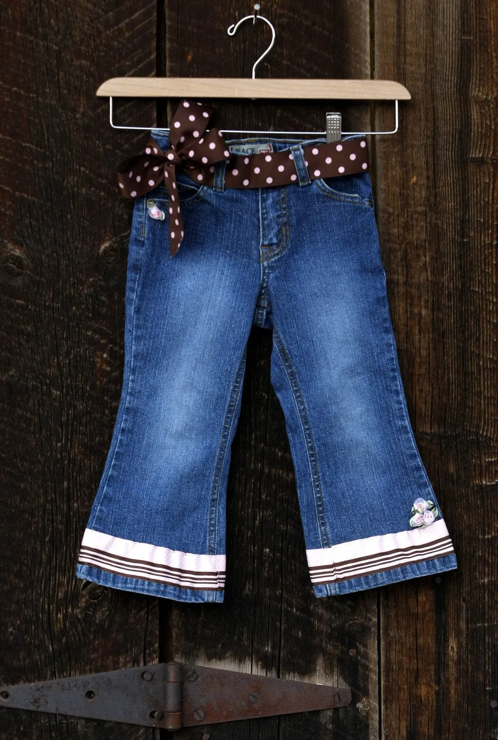 Pants Denim Jeans with Pink Polka Dots & Flowers