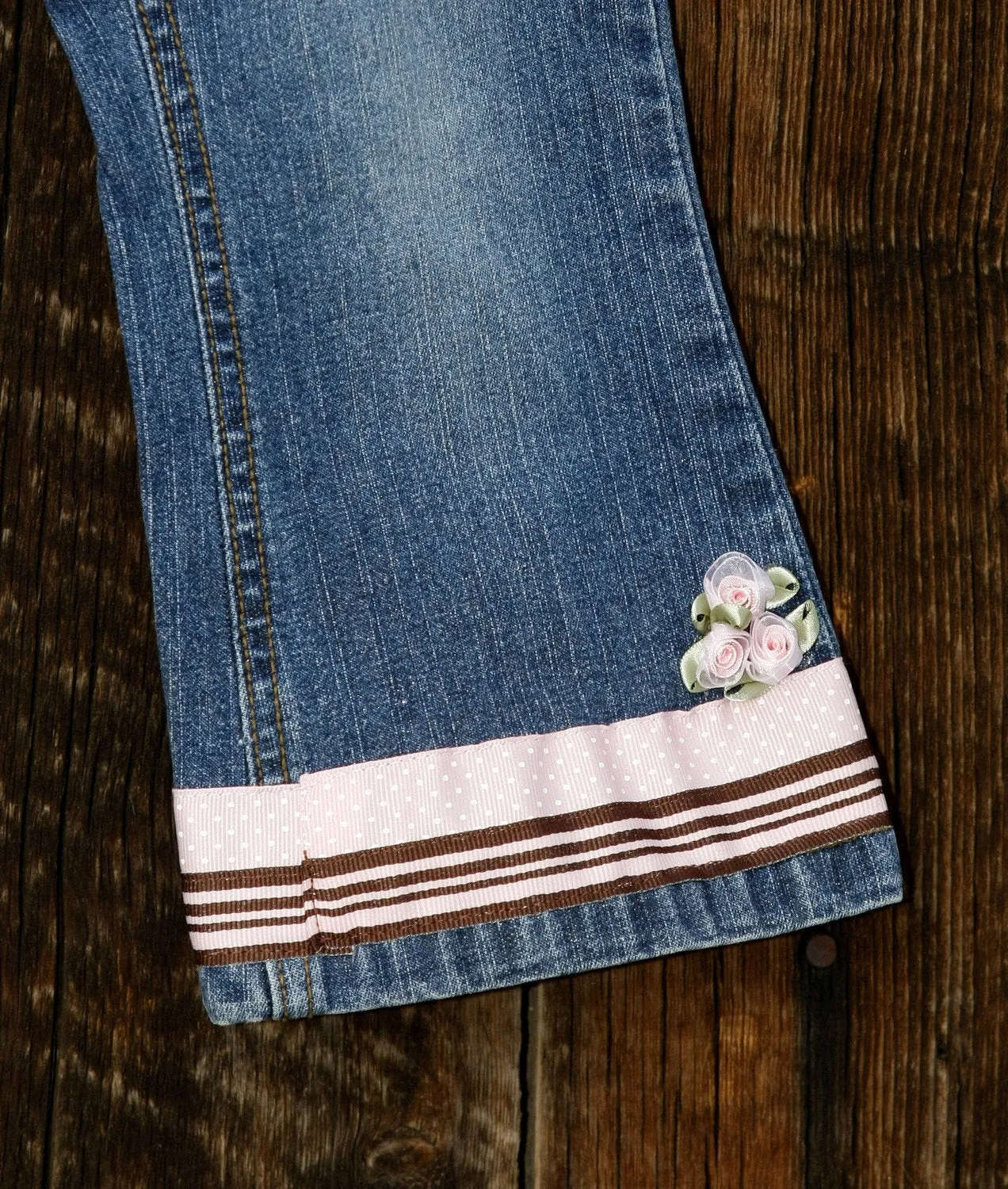 Pants Denim Jeans with Pink Polka Dots & Flowers
