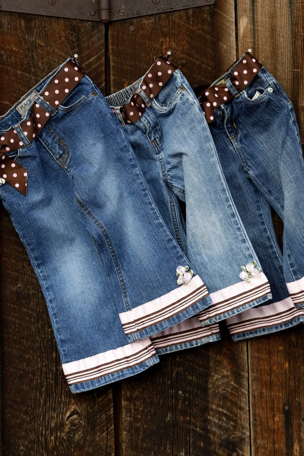 Pants Denim Jeans with Pink Polka Dots & Flowers