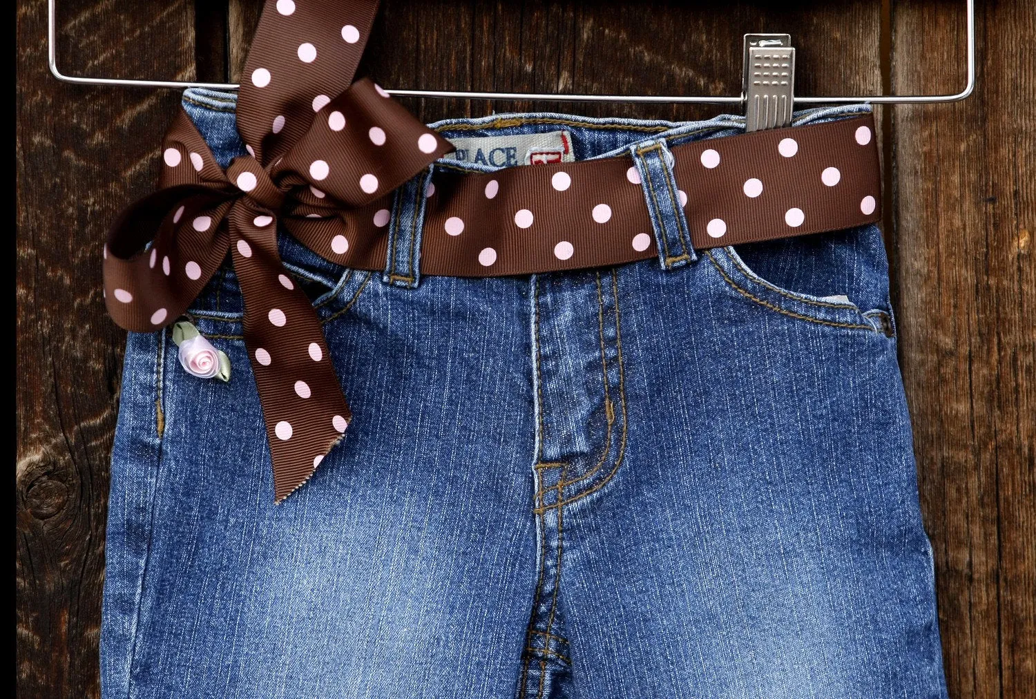 Pants Denim Jeans with Pink Polka Dots & Flowers