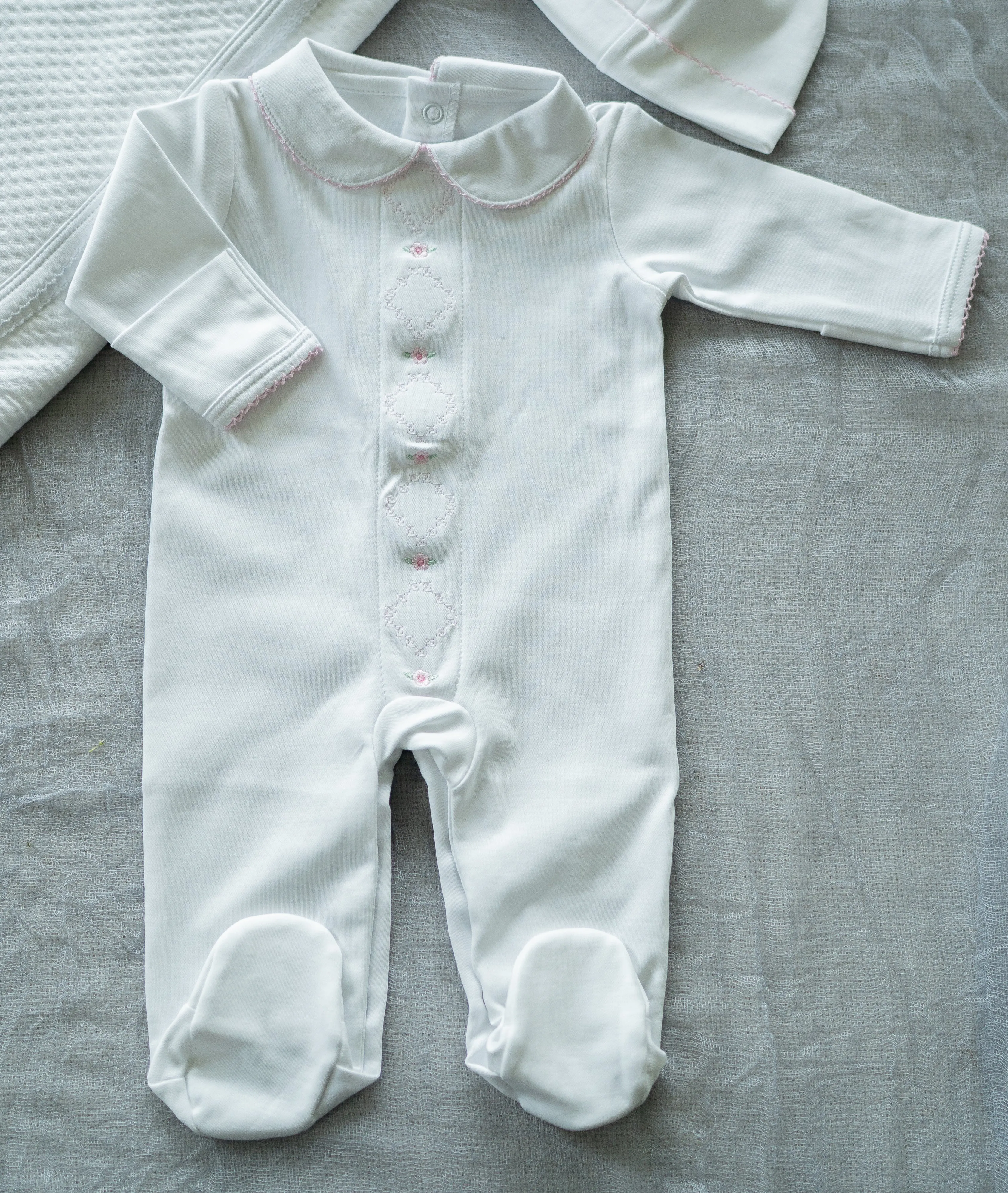 Pink Diamond Embroidered Baby Romper with Hat in Pima Cotton | Stylish Infant Outfit