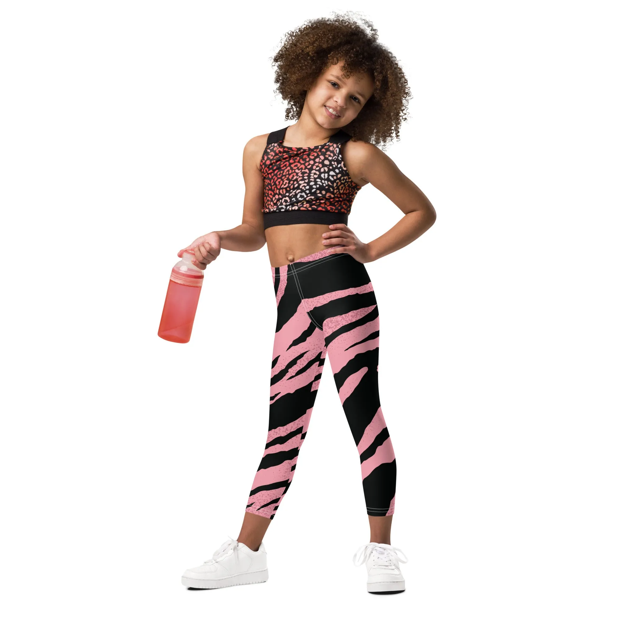 Pink Tiger Striped Kid's Leggings, Designer Abstract Colorful Boy's or Girl's Gym Tights-Made in USA/EU/MX