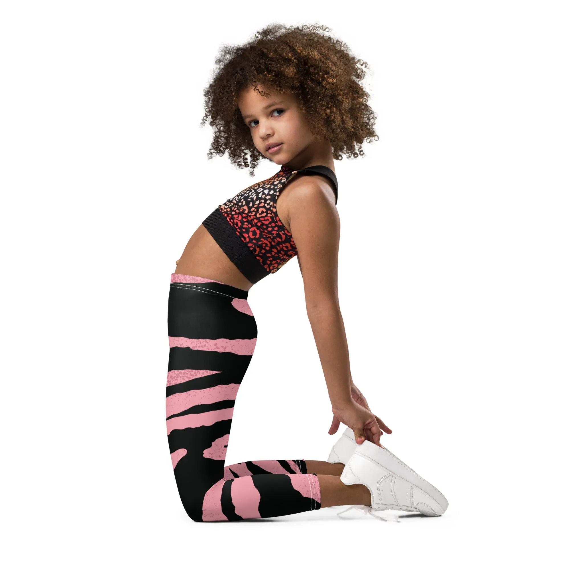 Pink Tiger Striped Kid's Leggings, Designer Abstract Colorful Boy's or Girl's Gym Tights-Made in USA/EU/MX