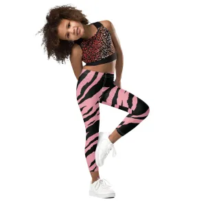 Pink Tiger Striped Kid's Leggings, Designer Abstract Colorful Boy's or Girl's Gym Tights-Made in USA/EU/MX