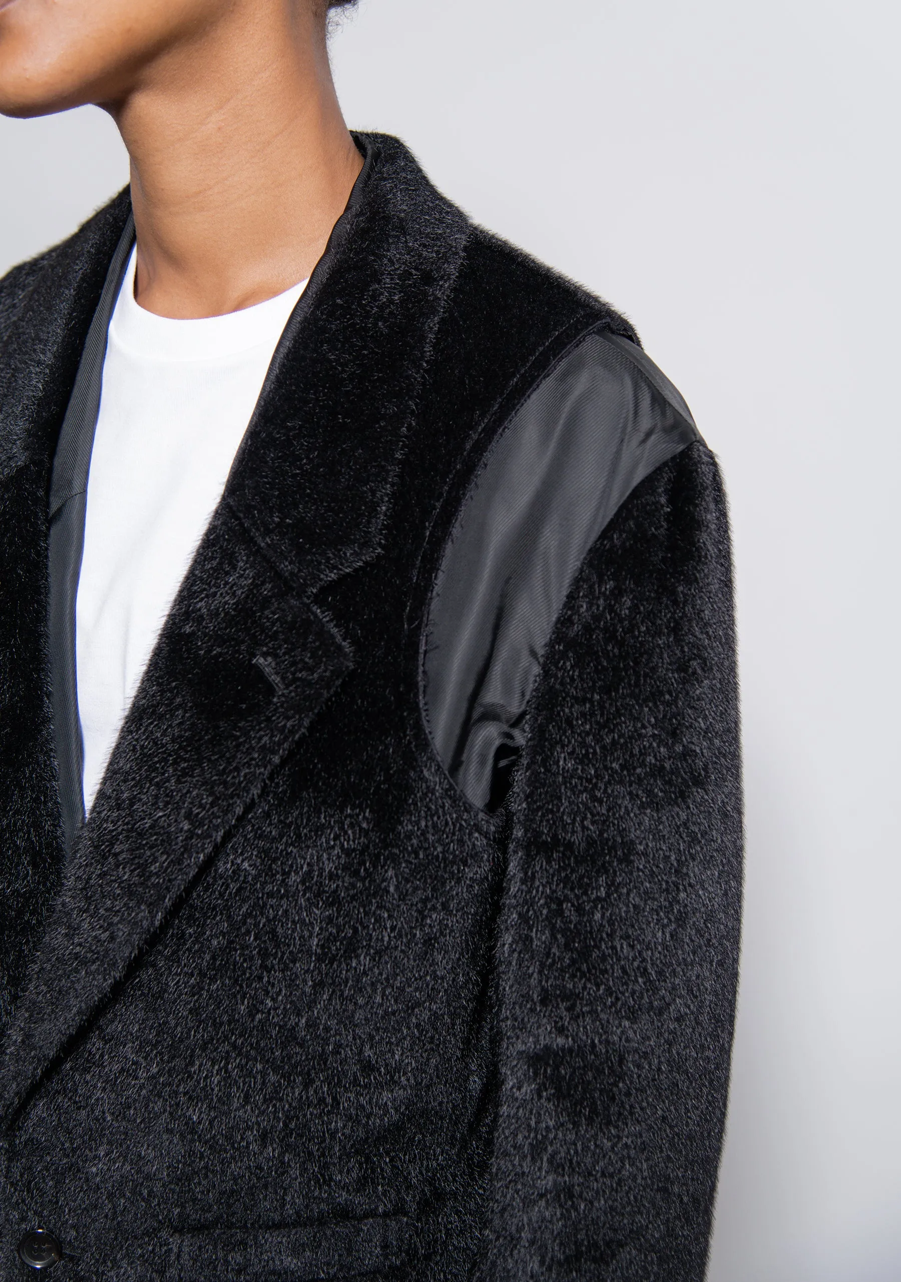 Polyester Nylon Synthetic Fur Cupro Twill Coat Black