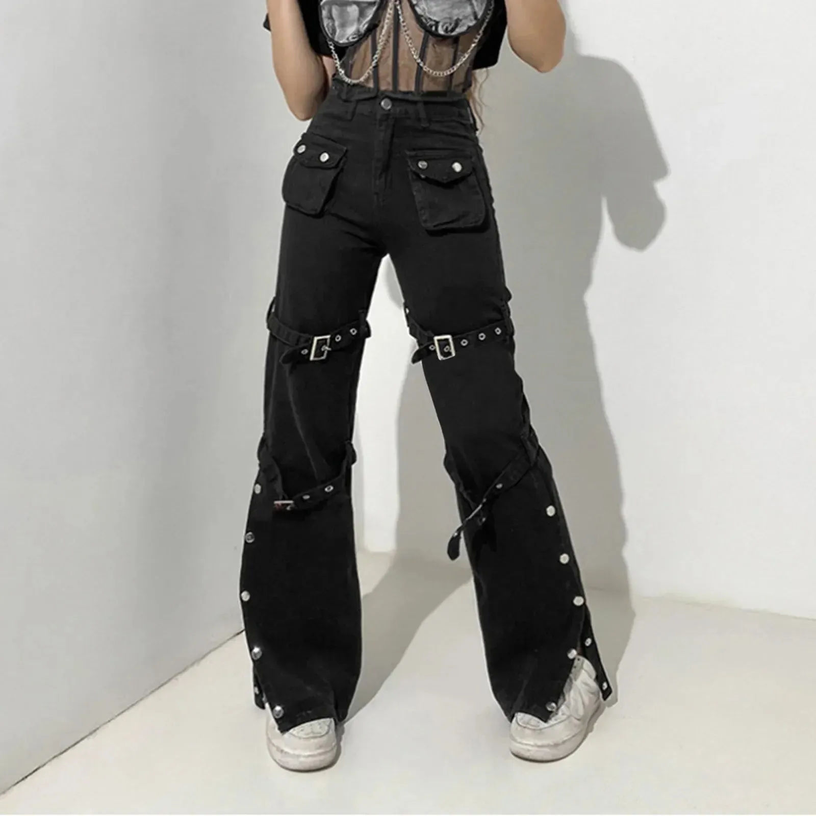 Punk Cargo Flared Wide Leg Jeans