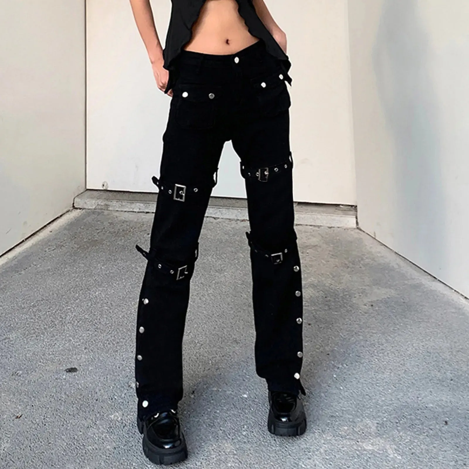 Punk Cargo Flared Wide Leg Jeans