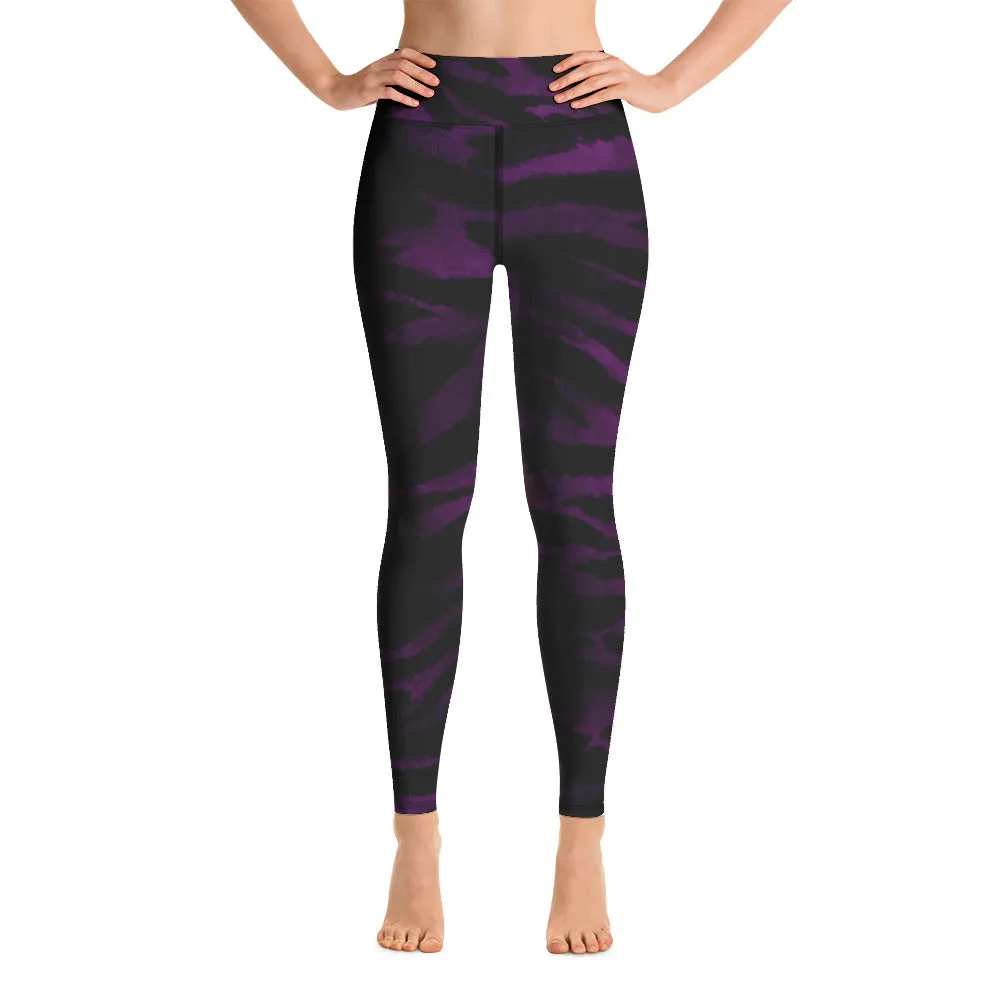 Purple Tiger Striped Yoga Leggings, Colorful Animal Print Women's Long Yoga Pants-Made in USA/EU